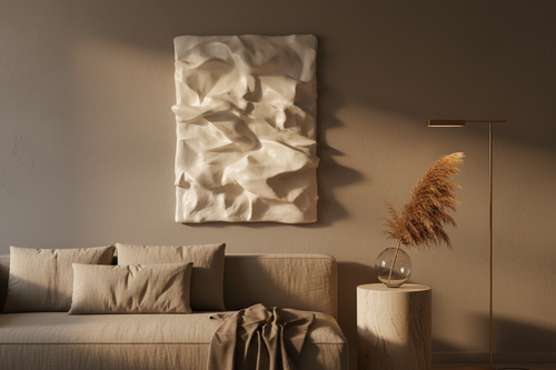 Soft White textured wall art in a styled minimalist living room